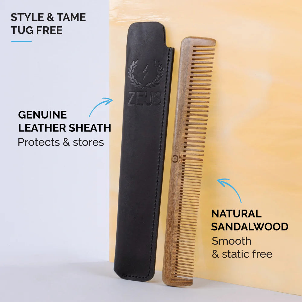Organic Sandalwood Beard &amp; Mustache Comb w/Leather Sheath