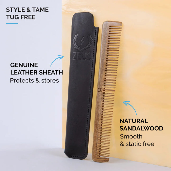 Organic Sandalwood Beard &amp; Mustache Comb w/Leather Sheath