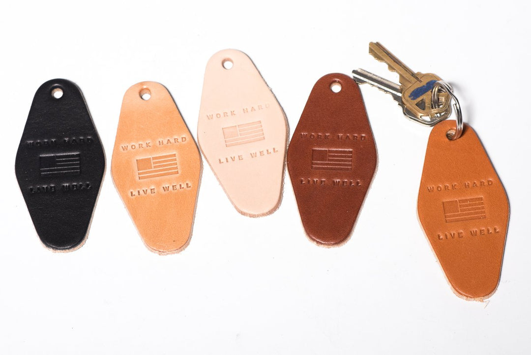 Leather Motel Key Tag - Work Hard Live Well - Brown